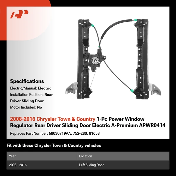 2008-2016 Chrysler Town & Country 1-Pc Power Window Regulator Rear Driver Sliding Door Electric A-Premium APWR0414