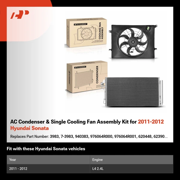 AC Condenser & Single Cooling Fan Assembly Kit for 2011-2012 Hyundai Sonata