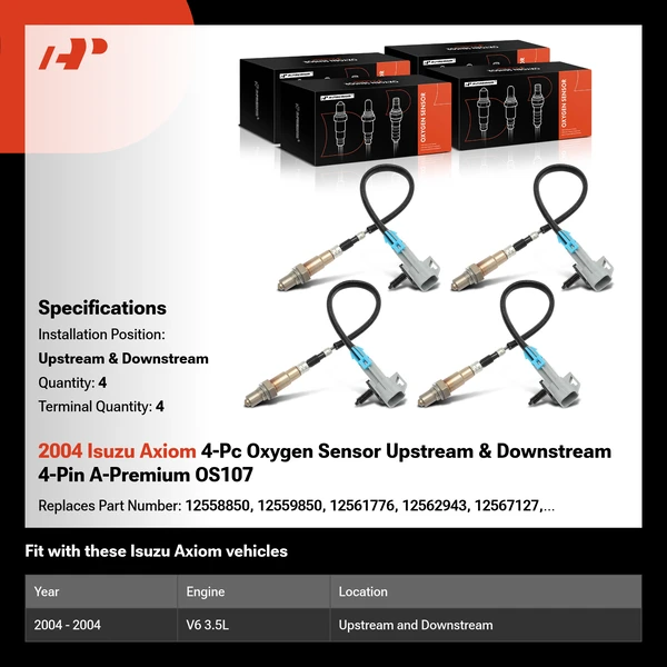2004 Isuzu Axiom 4-Pc Oxygen Sensor Upstream & Downstream 4-Pin A-Premium OS107