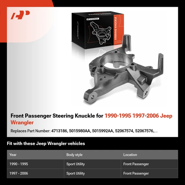 Front Passenger Steering Knuckle for 1990-1995 1997-2006 Jeep Wrangler