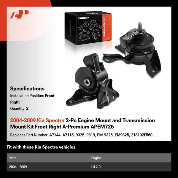 2004-2009 Kia Spectra 2-Pc Engine Mount and Transmission Mount Kit Front Right A-Premium APEM726