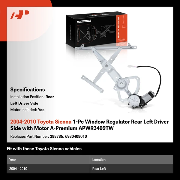 2004-2010 Toyota Sienna 1-Pc Window Regulator Rear Left Driver Side with Motor A-Premium APWR3409TW