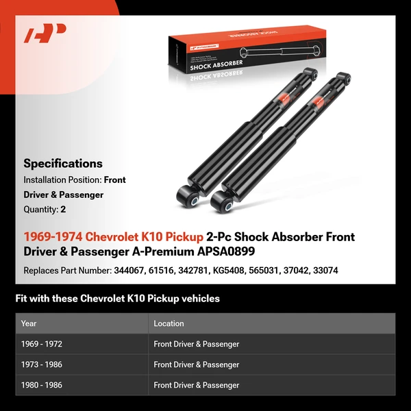1969-1974 Chevrolet K10 Pickup 2-Pc Shock Absorber Front Driver & Passenger A-Premium APSA0899