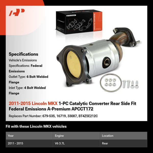 2011-2015 Lincoln MKX 1-PC Catalytic Converter Rear Side Fit Federal Emissions A-Premium APCCT172