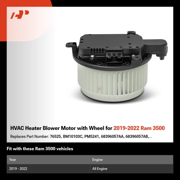 HVAC Heater Blower Motor with Wheel for 2019-2022 Ram 3500