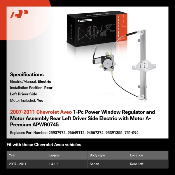 2007-2011 Chevrolet Aveo 1-Pc Power Window Regulator and Motor Assembly Rear Left Driver Side Electric with Motor A-Premium APWR0745