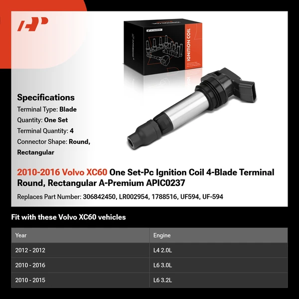 2010-2016 Volvo XC60 One Set-Pc Ignition Coil 4-Blade Terminal Round, Rectangular A-Premium APIC0237