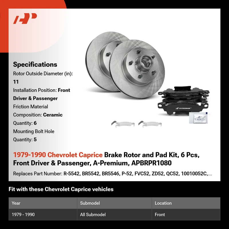1979-1990 Chevrolet Caprice Brake Rotor and Pad Kit, 6 Pcs, Front Driver & Passenger, A-Premium, APBRPR1080