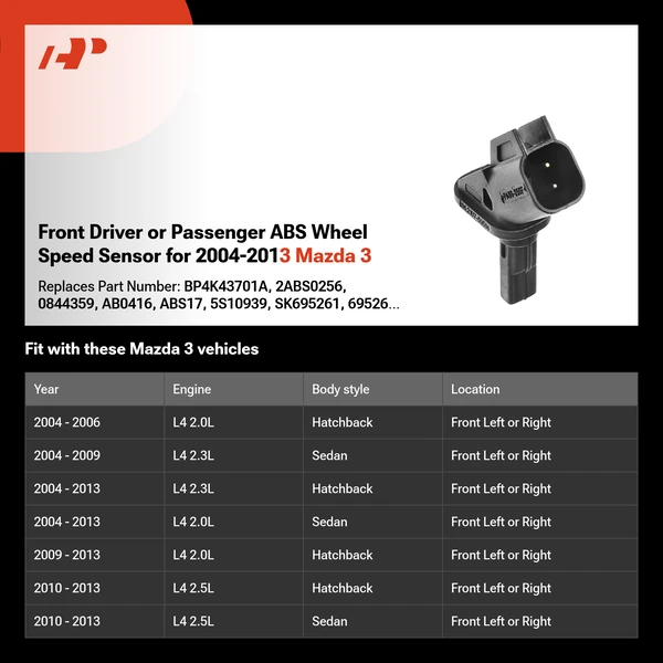 Front Driver or Passenger ABS Wheel Speed Sensor for 2004-2013 Mazda 3