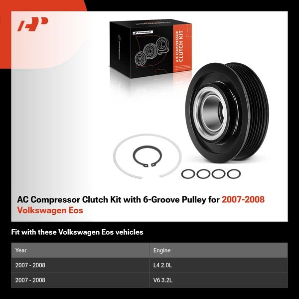 AC Compressor Clutch Kit with 6-Groove Pulley for 2007-2008 Volkswagen Eos
