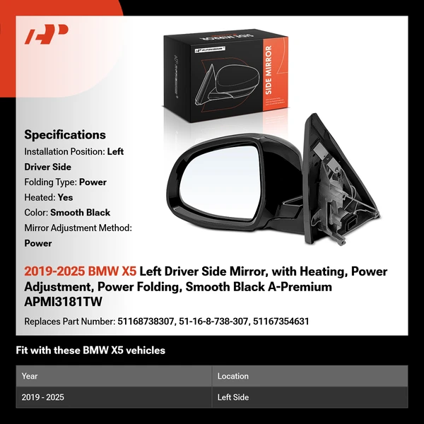 2019-2025 BMW X5 Left Driver Side Mirror, with Heating, Power Adjustment, Power Folding, Smooth Black A-Premium APMI3181TW