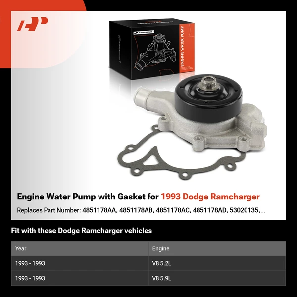 Engine Water Pump with Gasket for 1993 Dodge Ramcharger