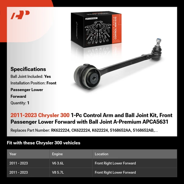 2011-2023 Chrysler 300 1-Pc Control Arm and Ball Joint Kit, Front Passenger Lower Forward with Ball Joint A-Premium APCA5631
