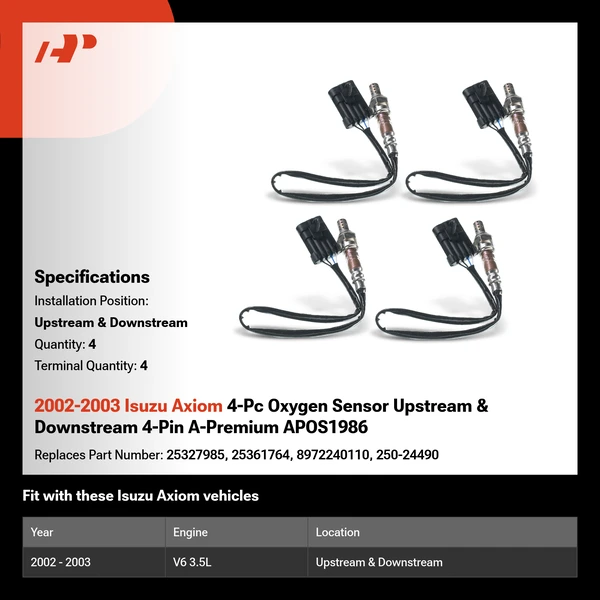 2002-2003 Isuzu Axiom 4-Pc Oxygen Sensor Upstream & Downstream 4-Pin A-Premium APOS1986