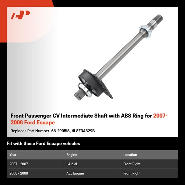 Front Passenger CV Intermediate Shaft with ABS Ring for 2007-2008 Ford Escape