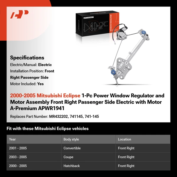 2000-2005 Mitsubishi Eclipse 1-Pc Power Window Regulator and Motor Assembly Front Right Passenger Side Electric with Motor A-Premium APWR1941