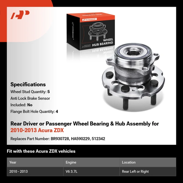 Rear Driver or Passenger Wheel Bearing & Hub Assembly for 2010-2013 Acura ZDX