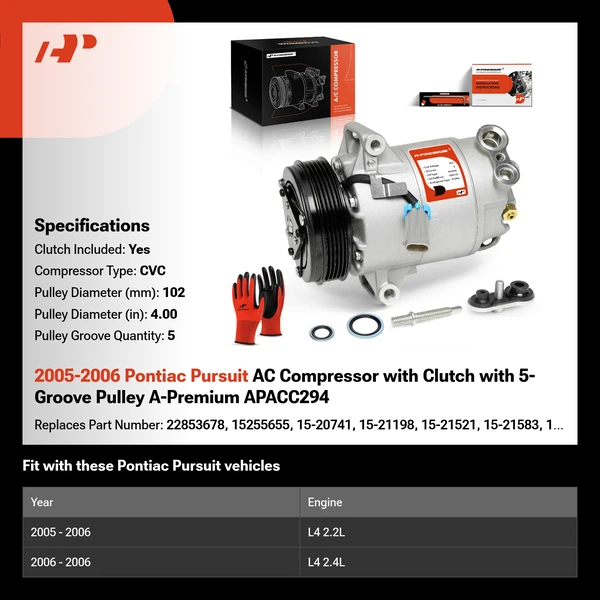 2005-2006 Pontiac Pursuit AC Compressor with Clutch with 5-Groove Pulley A-Premium APACC294