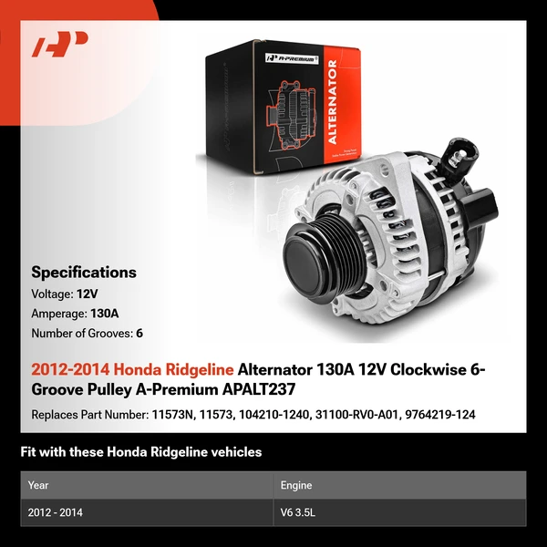 2012-2014 Honda Ridgeline Alternator 130A 12V Clockwise 6-Groove Pulley A-Premium APALT237