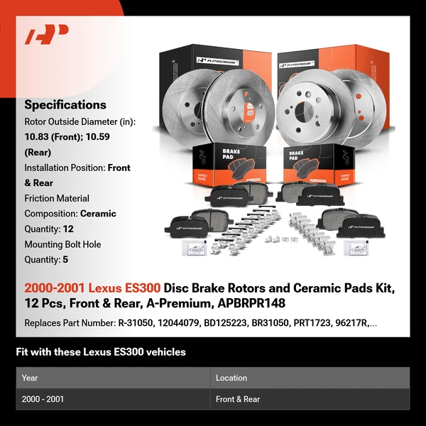 2000-2001 Lexus ES300 Disc Brake Rotors and Ceramic Pads Kit, 12 Pcs, Front & Rear, A-Premium, APBRPR148