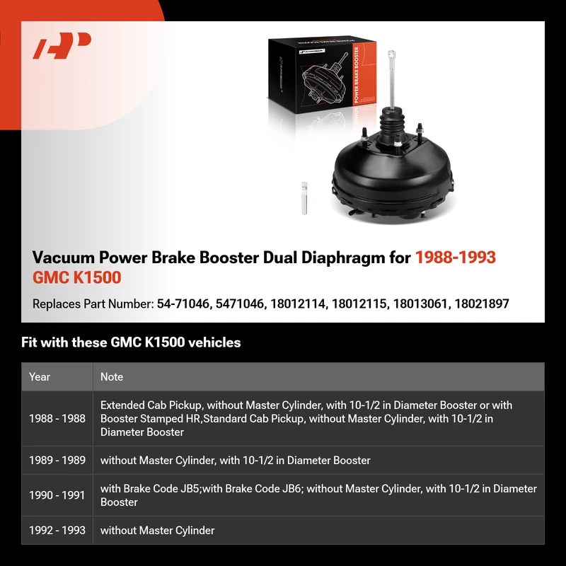 Vacuum Power Brake Booster Dual Diaphragm for 1988-1993 GMC K1500