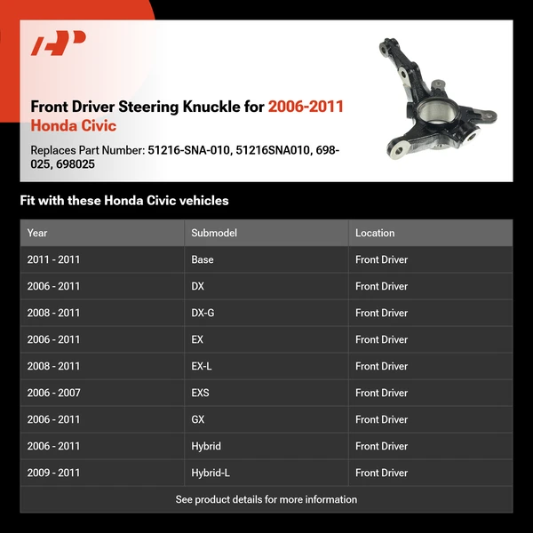 Front Driver Steering Knuckle for 2006-2011 Honda Civic