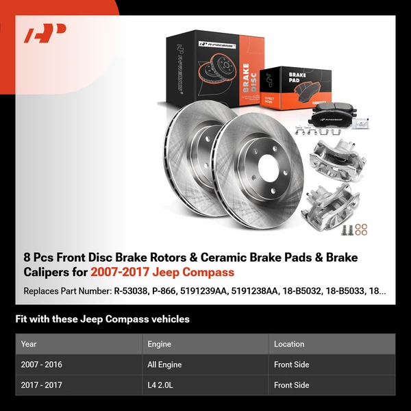 8 Pcs Front Disc Brake Rotors & Ceramic Brake Pads & Brake Calipers for 2007-2017 Jeep Compass