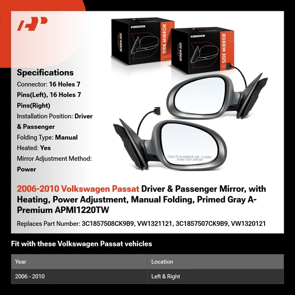 2006-2010 Volkswagen Passat Driver & Passenger Mirror, with Heating, Power Adjustment, Manual Folding, Primed Gray A-Premium APMI1220TW