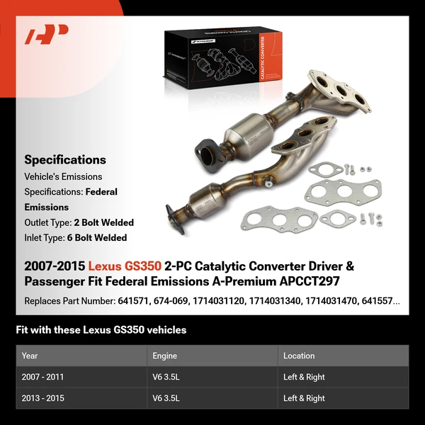 2007-2015 Lexus GS350 2-PC Catalytic Converter Driver & Passenger Fit Federal Emissions A-Premium APCCT297