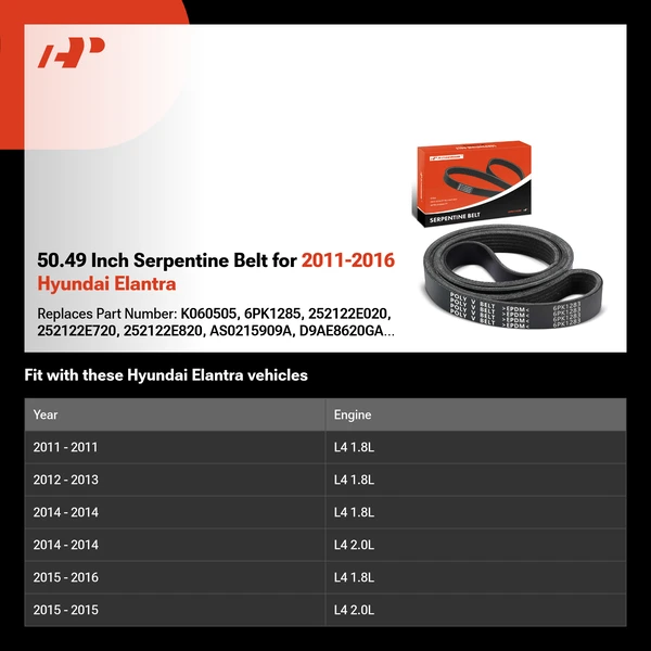 50.49 Inch Serpentine Belt for 2011-2016 Hyundai Elantra