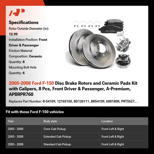 2005-2008 Ford F-150 Disc Brake Rotors and Ceramic Pads Kit with Calipers, 8 Pcs, Front Driver & Passenger, A-Premium, APBRPR760