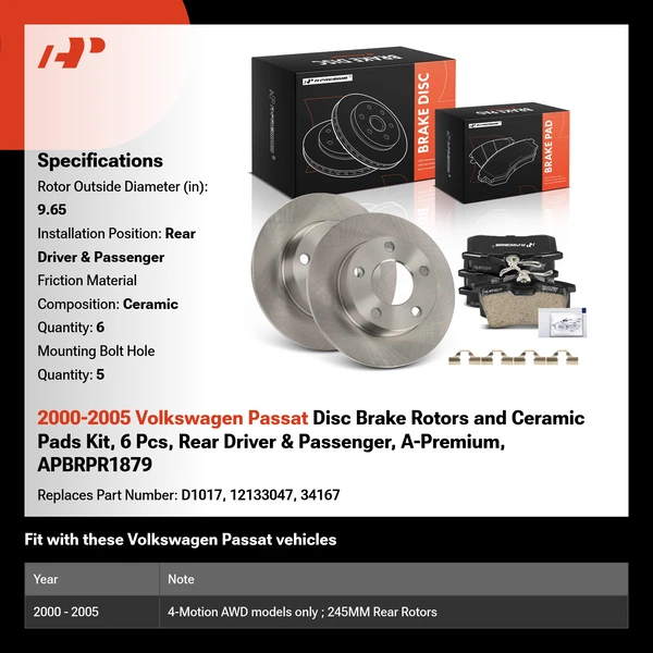 2000-2005 Volkswagen Passat Disc Brake Rotors and Ceramic Pads Kit, 6 Pcs, Rear Driver & Passenger, A-Premium, APBRPR1879