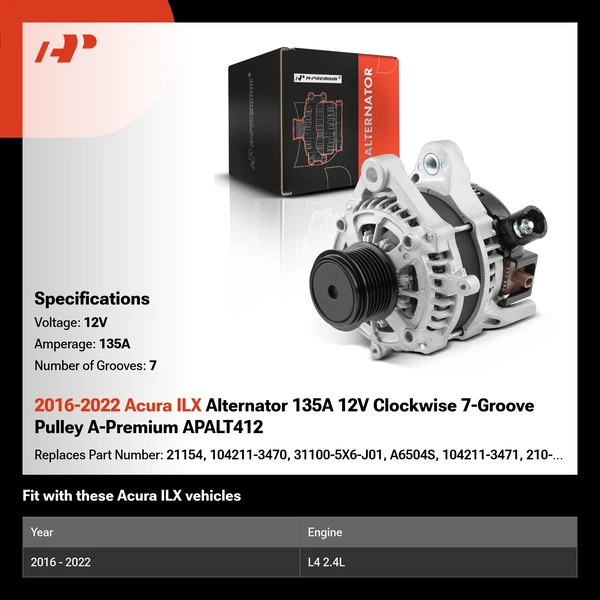 2016-2022 Acura ILX Alternator 135A 12V Clockwise 7-Groove Pulley A-Premium APALT412