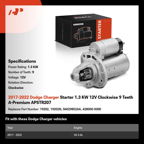 2017-2022 Dodge Charger Starter 1.3 KW 12V Clockwise 9 Teeth A-Premium APSTR207