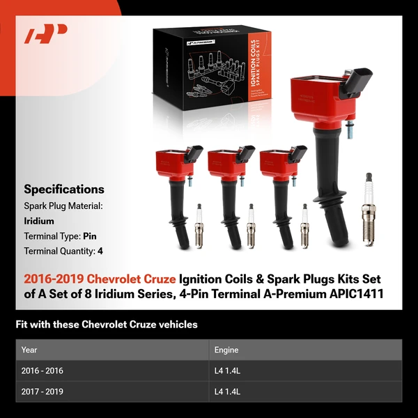 2016-2019 Chevrolet Cruze Ignition Coils & Spark Plugs Kits Set of A Set of 8 Iridium Series, 4-Pin Terminal A-Premium APIC1411