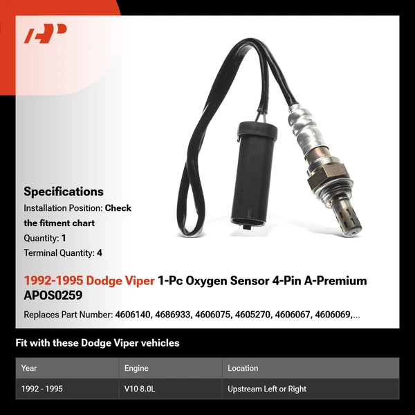 1992-1995 Dodge Viper 1-Pc Oxygen Sensor 4-Pin A-Premium APOS0259