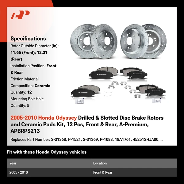2005-2010 Honda Odyssey Drilled & Slotted Disc Brake Rotors and Ceramic Pads Kit, 12 Pcs, Front & Rear, A-Premium, APBRPS213