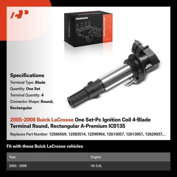 2005-2008 Buick LaCrosse One Set-Pc Ignition Coil 4-Blade Terminal Round, Rectangular A-Premium IC0135
