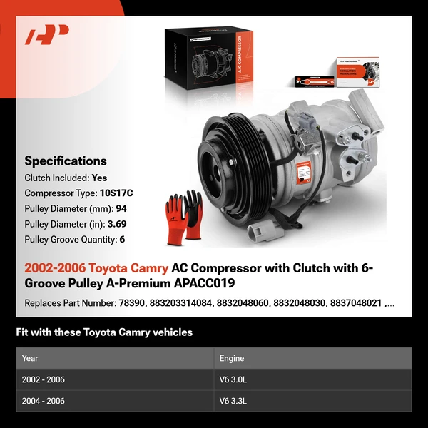 2002-2006 Toyota Camry AC Compressor with Clutch with 6-Groove Pulley A-Premium APACC019