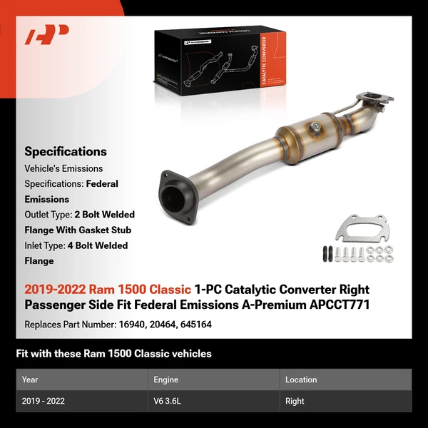 2019-2022 Ram 1500 Classic 1-PC Catalytic Converter Right Passenger Side Fit Federal Emissions A-Premium APCCT771