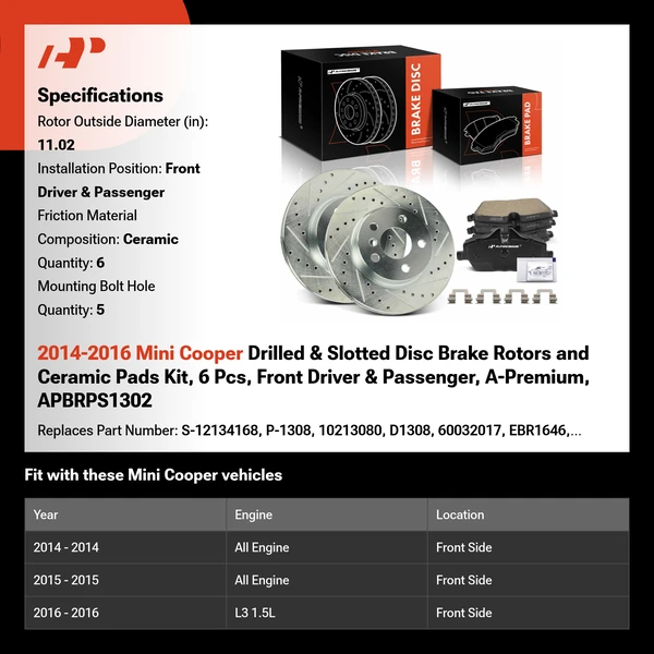 2014-2016 Mini Cooper Drilled & Slotted Disc Brake Rotors and Ceramic Pads Kit, 6 Pcs, Front Driver & Passenger, A-Premium, APBRPS1302