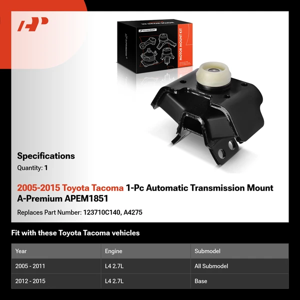 2005-2015 Toyota Tacoma 1-Pc Automatic Transmission Mount A-Premium APEM1851