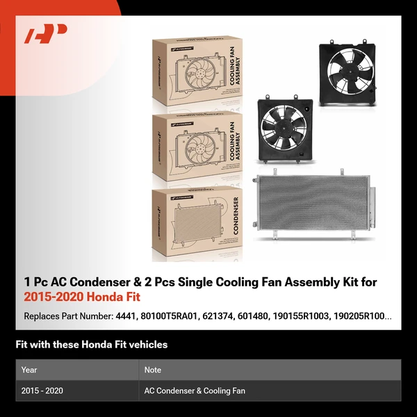 1 Pc AC Condenser & 2 Pcs Single Cooling Fan Assembly Kit for 2015-2020 Honda Fit