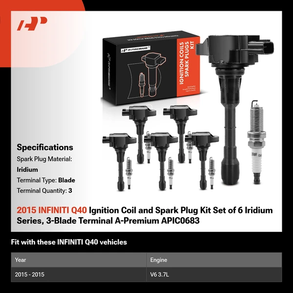 2015 INFINITI Q40 Ignition Coil and Spark Plug Kit Set of 12 Iridium Series, 3-Blade Terminal A-Premium APIC0683