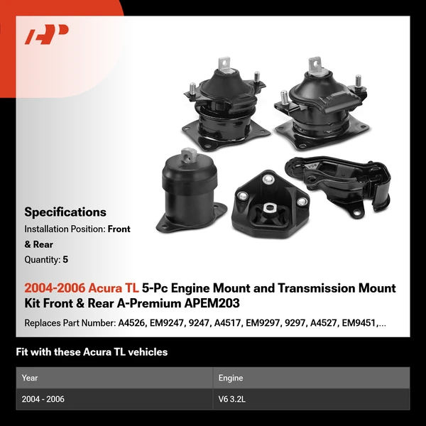 2004-2006 Acura TL 5-Pc Engine Mount and Transmission Mount Kit Front & Rear A-Premium APEM203