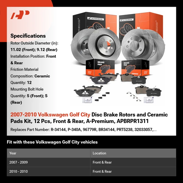 2007-2010 Volkswagen Golf City Disc Brake Rotors and Ceramic Pads Kit, 12 Pcs, Front & Rear, A-Premium, APBRPR1311