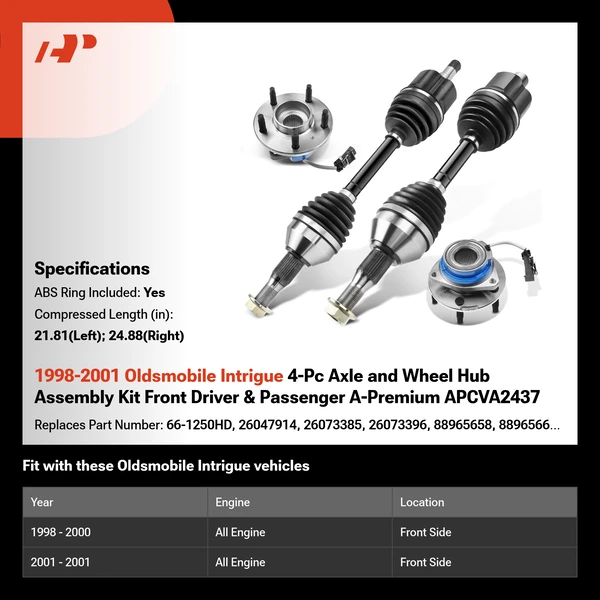 1998-2001 Oldsmobile Intrigue 4-Pc Axle and Wheel Hub Assembly Kit Front Driver & Passenger A-Premium APCVA2437