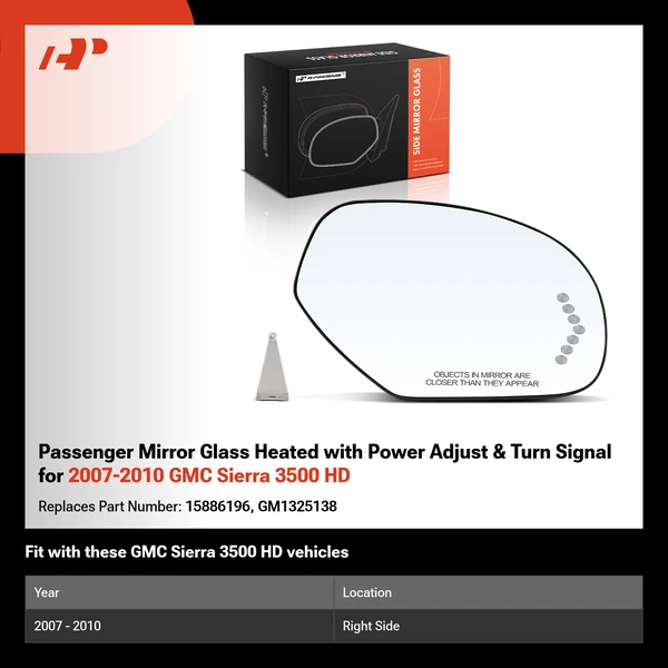 Passenger Mirror Glass Heated with Power Adjust & Turn Signal for 2007-2010 GMC Sierra 3500 HD