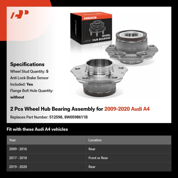 2 Pcs Wheel Hub Bearing Assembly for 2009-2020 Audi A4