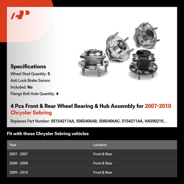 4 Pcs Front & Rear Wheel Bearing & Hub Assembly for 2007-2010 Chrysler Sebring